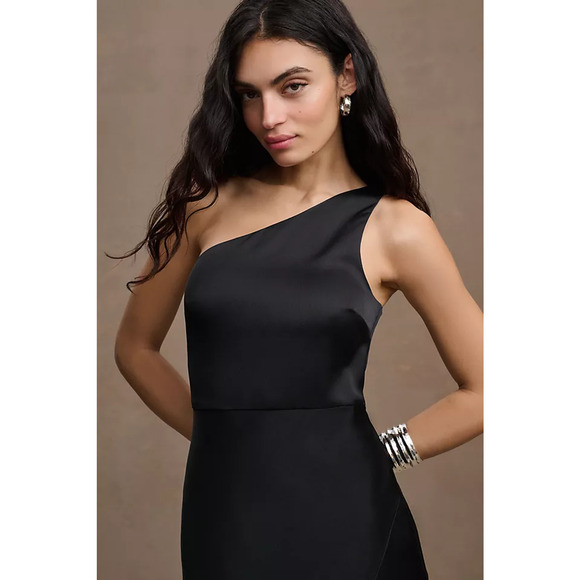 $248 BHLDN Dylan One Shoulder Satin Side Slit Gown in Black 12 NEW - Picture 2 of 13